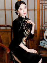 Vintage Stand Up Collar Black Seven Part Sleeve Cheongsam Maxi Dress